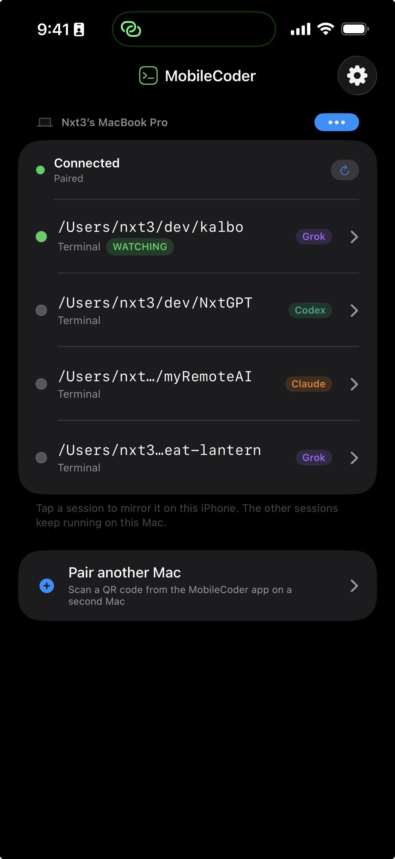 MobileCoder on iPhone — your active coding sessions
