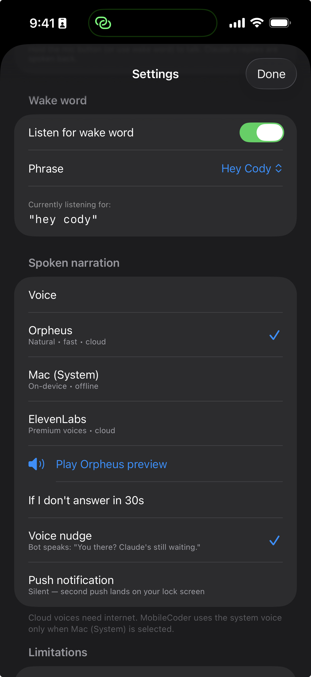 MobileCoder — voice and wake-word settings