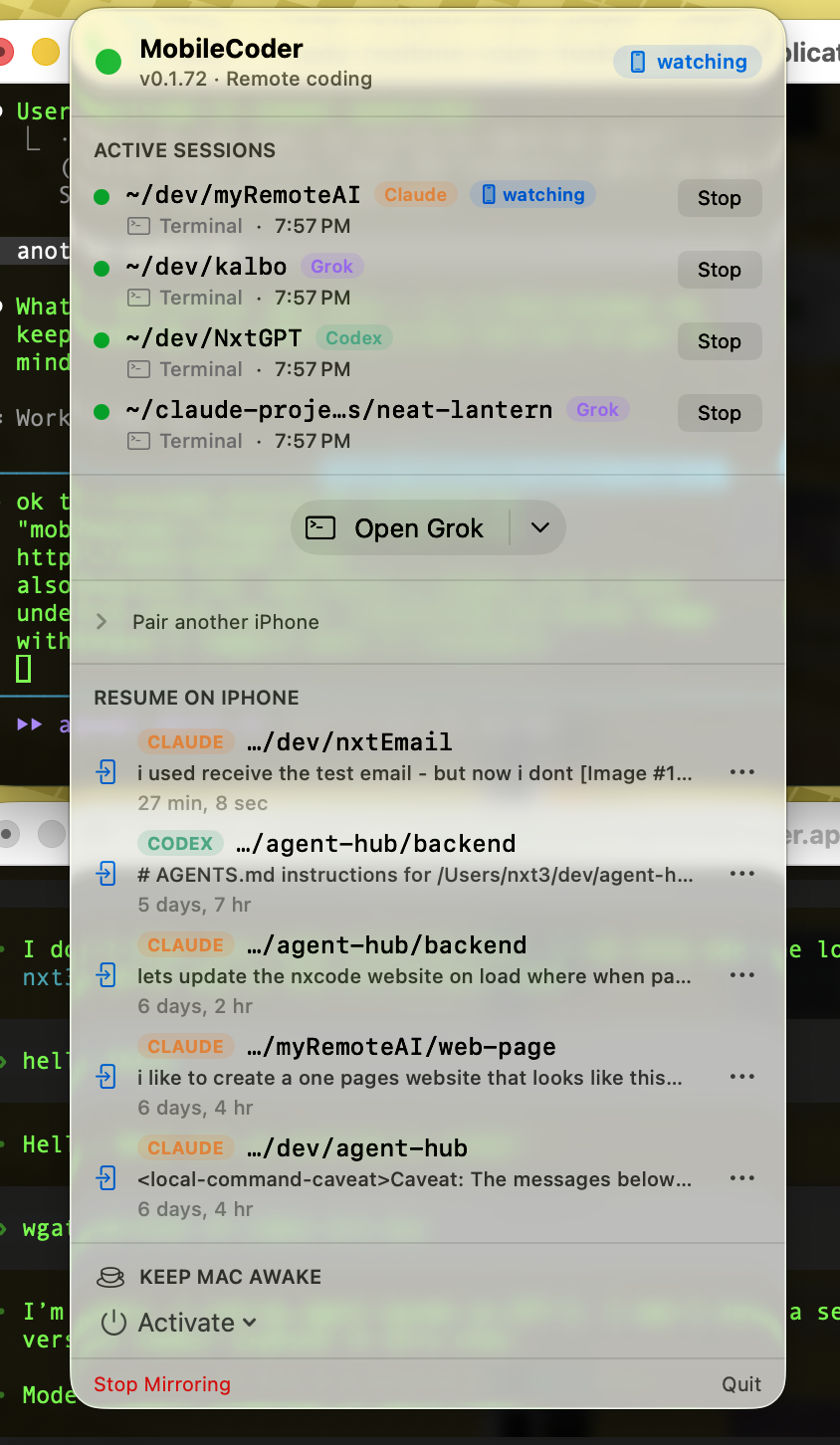 MobileCoder Mac menu bar — sessions and resume